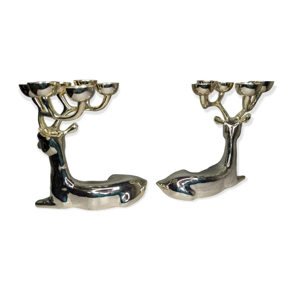 Crate & Barrel Christmas Silver Plated Seated Reindeer Candle Holder Pair